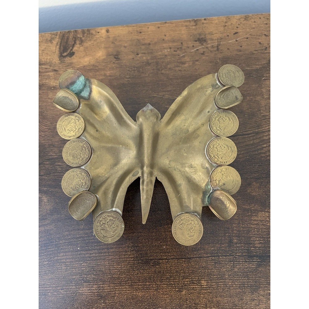Vintage Brass Butterfly Ashtray Mexican Coin Cigarette Rests 1960s 1970s